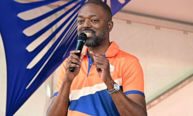 Minister of Labour, Social Security and the Third Sector, Colin Jordan speaking at the May Day celebration hosted by the Barbados Workers’ Union at the National Botanical Gardens, last Friday. (GP)