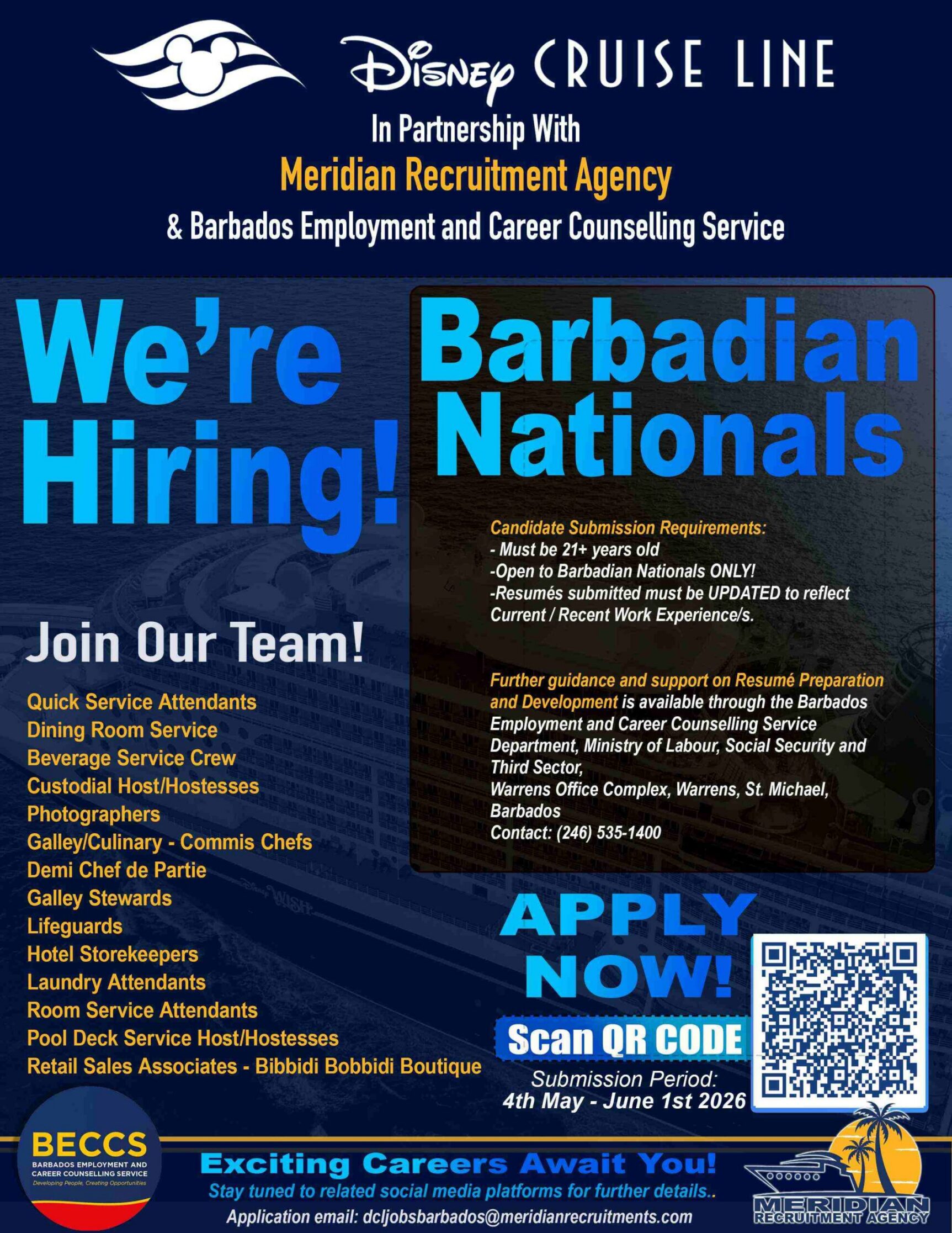 We’re Hiring! – Disney Crusine Line in Parnership with Meridian Recruitment Agency & Barbados Employment and Career Counselling Service